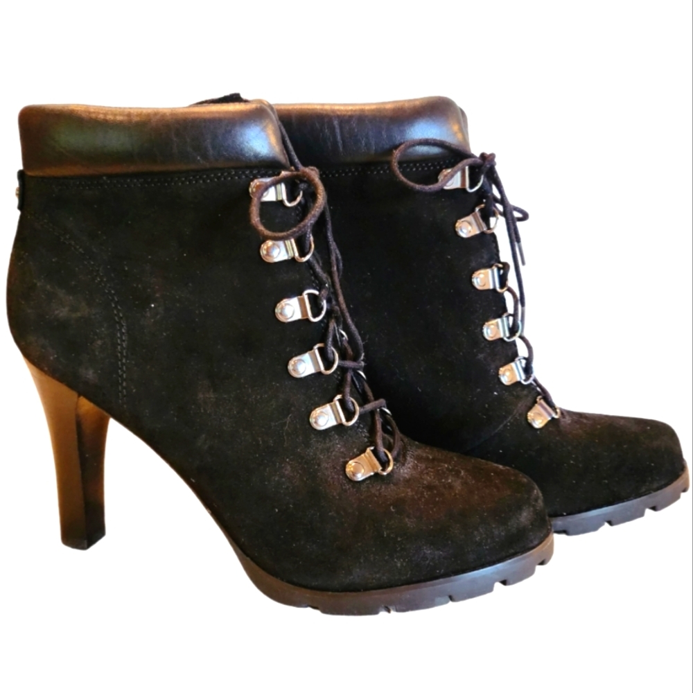 Ralph Lauren Black Suede High Heel Lace Up Boots Size 9